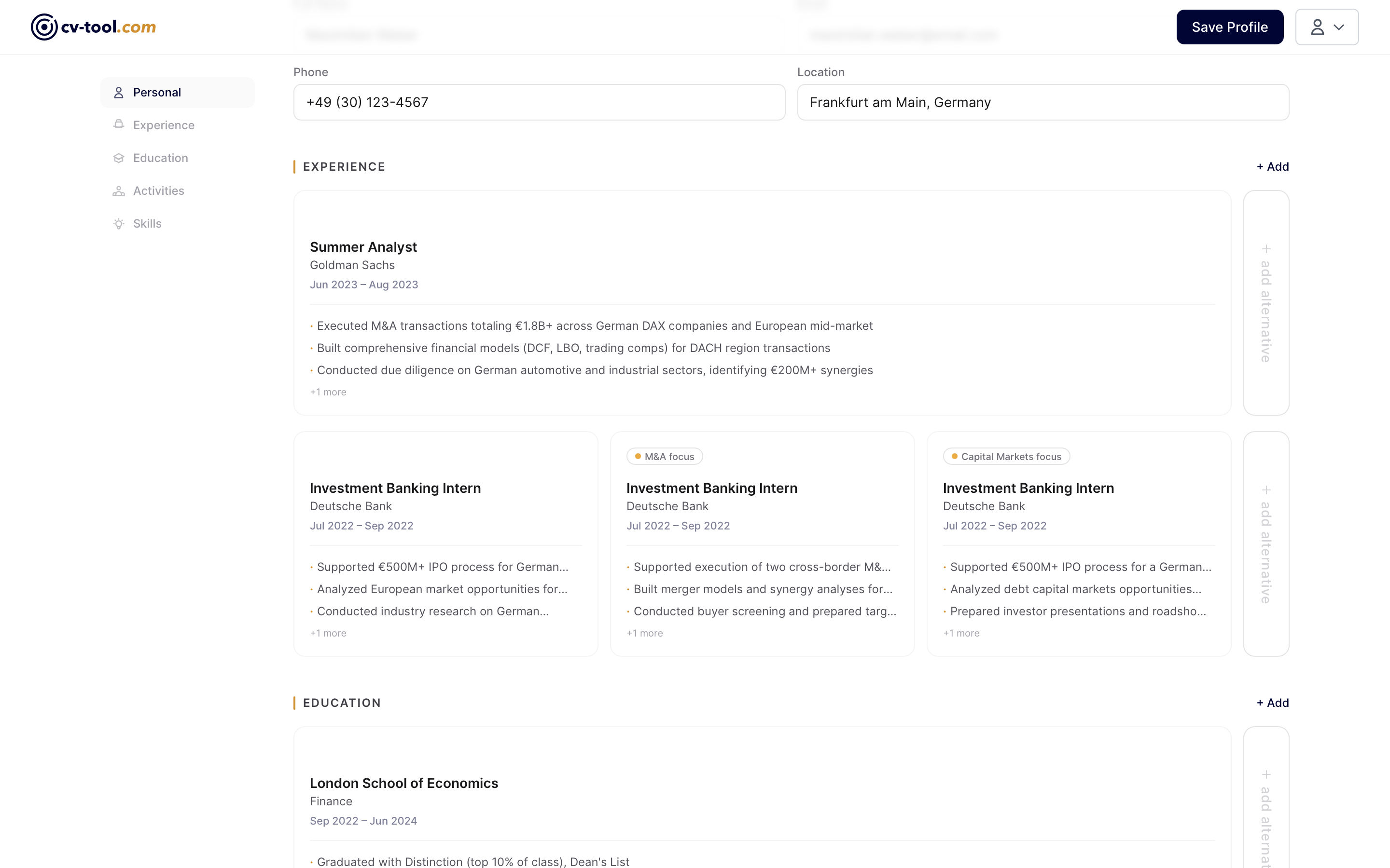 Mbb Cv Example cv-tool.com - CV Builder for MBB, IB & PE